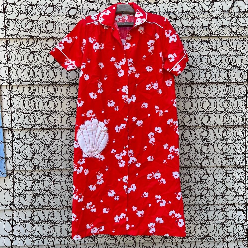 Vintage Red White Cherry Blossom Seashell Pocket Night Dressing Gown Robe SMALL